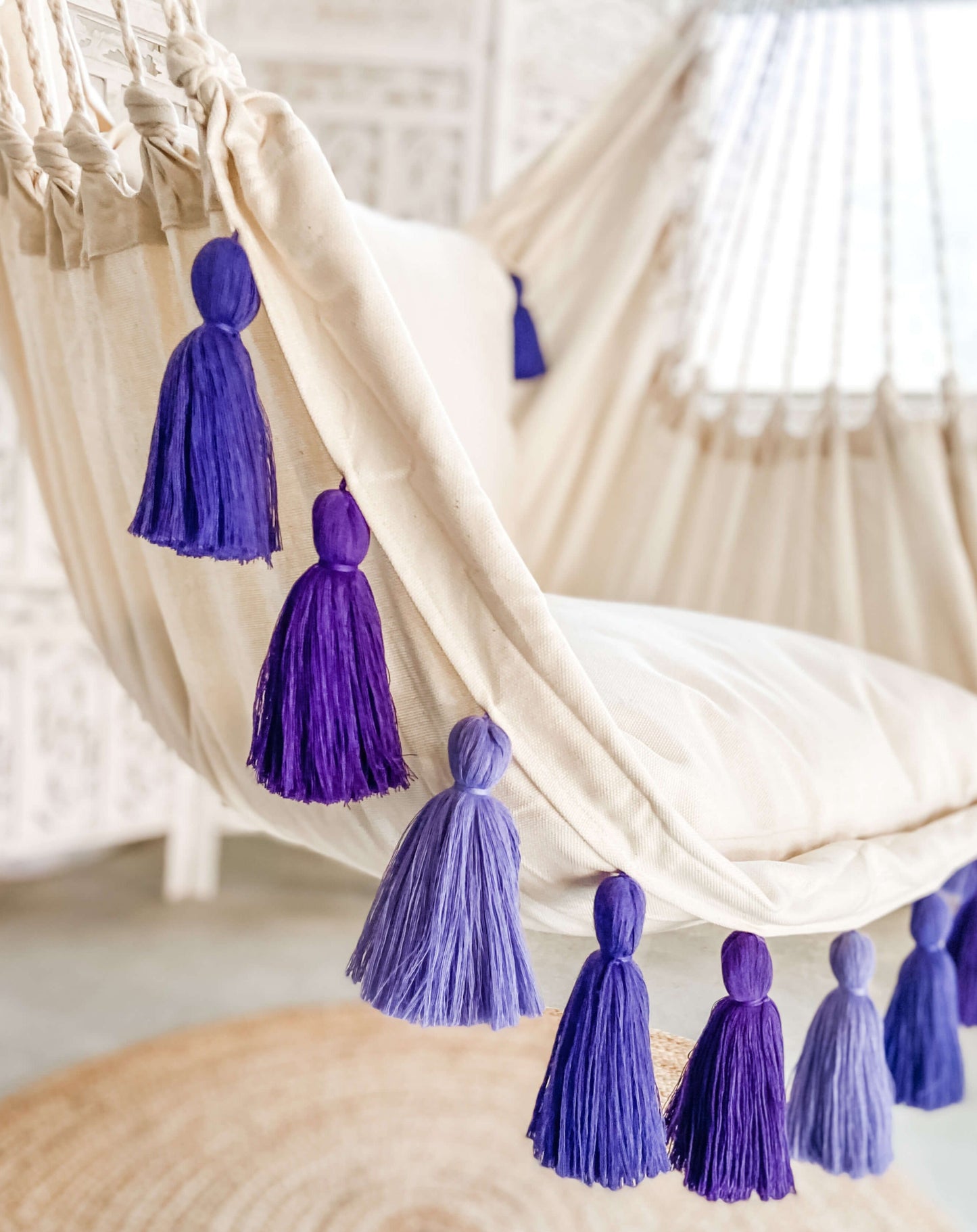 Purple Boho Hanging Hammock Chair Swing with Tassels | LILY