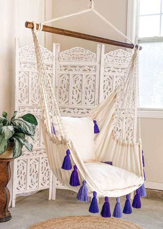 Purple Boho Hanging Hammock Chair Swing with Tassels | LILY