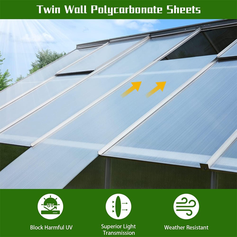 [10x12FT] Large Heavy Duty Outdoor Walk-In Polycarbonate Aluminum Frame Greenhouse With Adjustable Vents & Sliding Doors (SAK93648)