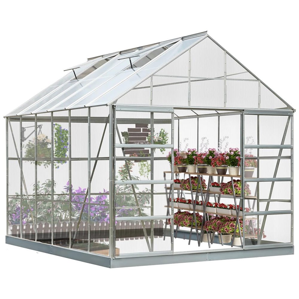 [10x12FT] Large Heavy Duty Outdoor Walk-In Polycarbonate Aluminum Frame Greenhouse With Adjustable Vents & Sliding Doors (SAK93648)