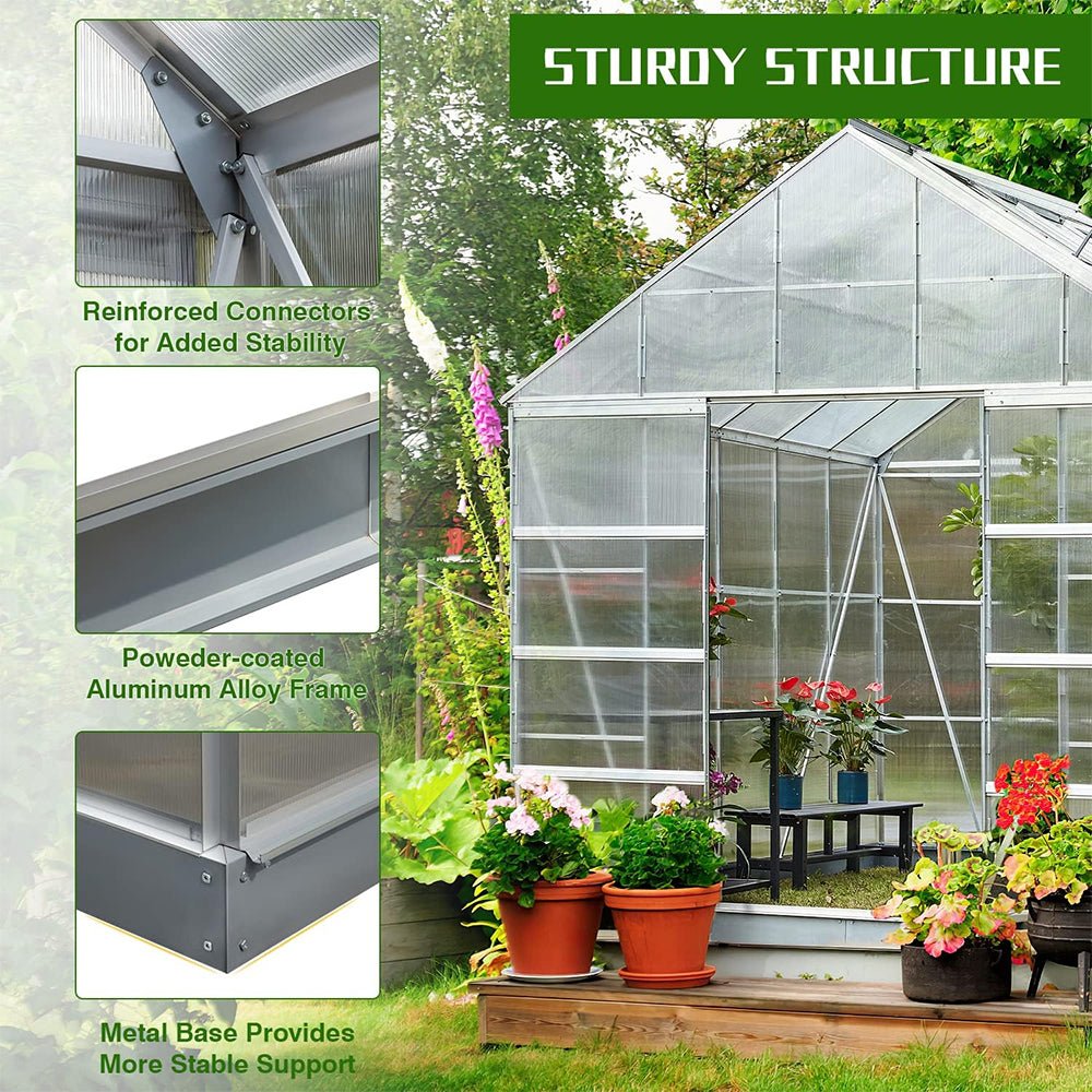[10x12FT] Large Heavy Duty Outdoor Walk-In Polycarbonate Aluminum Frame Greenhouse With Adjustable Vents & Sliding Doors (SAK93648)