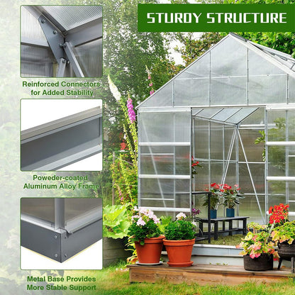 [10x12FT] Large Heavy Duty Outdoor Walk-In Polycarbonate Aluminum Frame Greenhouse With Adjustable Vents & Sliding Doors (SAK93648)