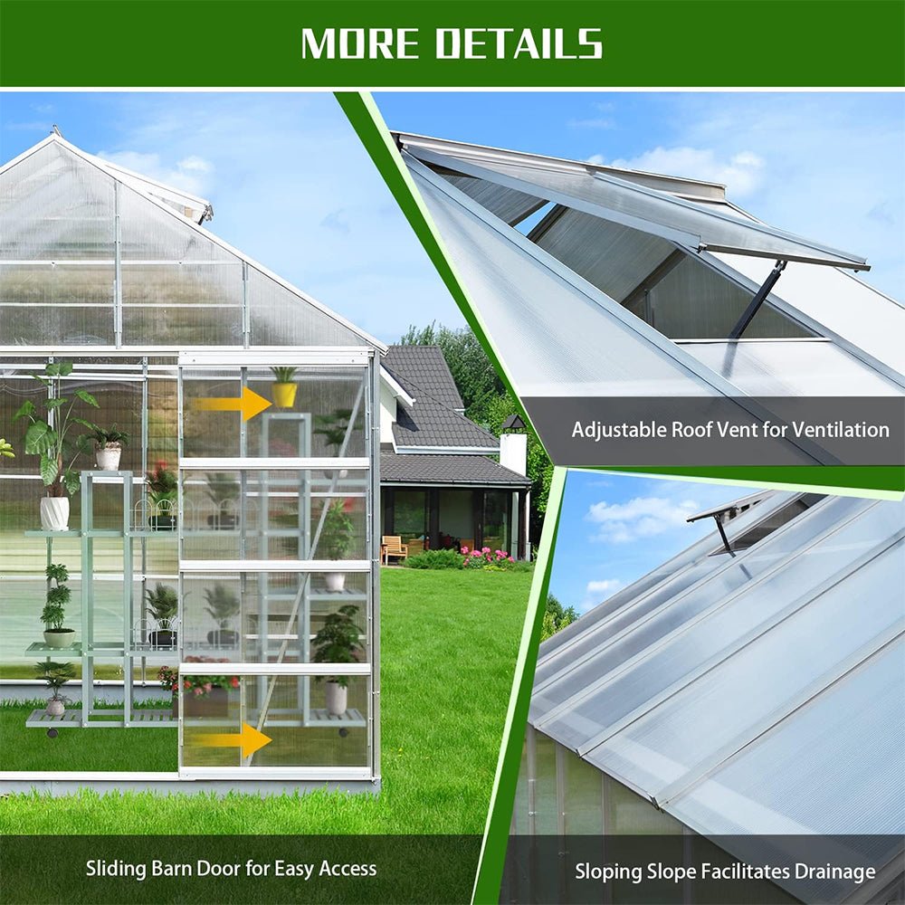 [10x12FT] Large Heavy Duty Outdoor Walk-In Polycarbonate Aluminum Frame Greenhouse With Adjustable Vents & Sliding Doors (SAK93648)