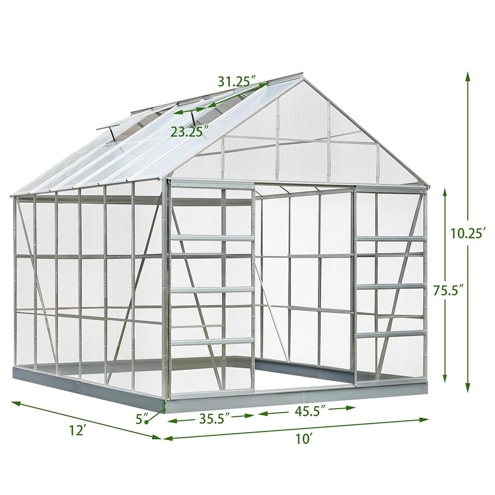 [10x12FT] Large Heavy Duty Outdoor Walk-In Polycarbonate Aluminum Frame Greenhouse With Adjustable Vents & Sliding Doors (SAK93648)