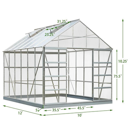 [10x12FT] Large Heavy Duty Outdoor Walk-In Polycarbonate Aluminum Frame Greenhouse With Adjustable Vents & Sliding Doors (SAK93648)