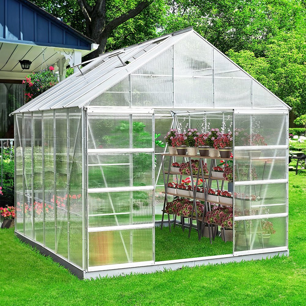 [10x12FT] Large Heavy Duty Outdoor Walk-In Polycarbonate Aluminum Frame Greenhouse With Adjustable Vents & Sliding Doors (SAK93648)