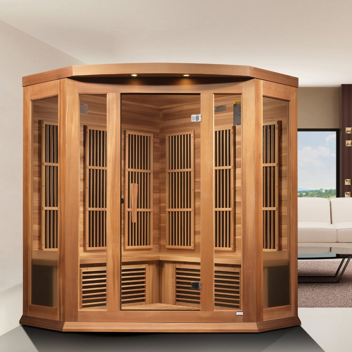 Maxxus 3-Person Corner Low EMF FAR Infrared Sauna – Canadian Hemlock