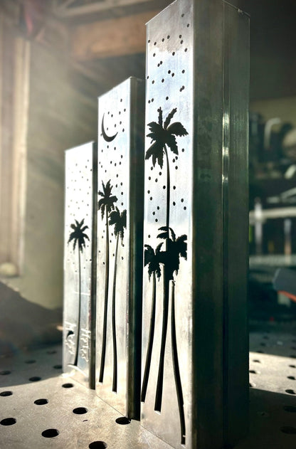 Palm Trees Under the Stars Luminary Pillars w/ Solar Cap | 12-inch, 14-inch, 16-inch