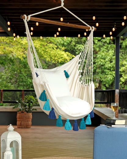 Blue Boho Hammock Chair Swing with Tassels | LILY