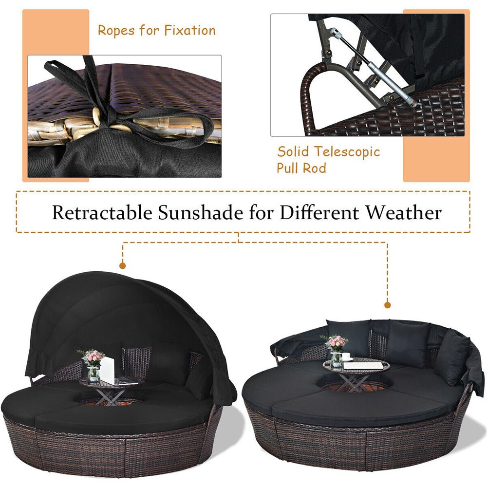 Premium Black Outdoor Patio Rattan Daybed Sofa W/ Adjustable Table Top, Canopy & 3 Pillows, 76'' (92534186)