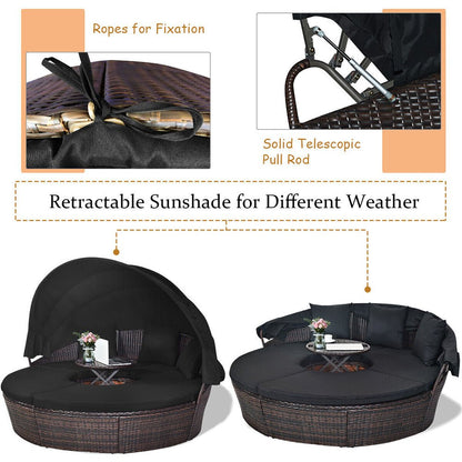 Premium Black Outdoor Patio Rattan Daybed Sofa W/ Adjustable Table Top, Canopy & 3 Pillows, 76'' (92534186)