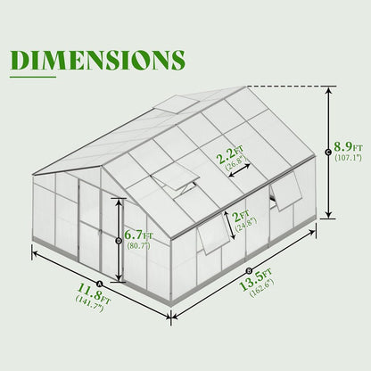 [12x13.5FT] Premium Large Outdoor Double Door Aluminum Polycarbonate Greenhouse With Quick Connect Fitting (96243175)