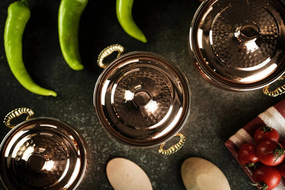 Set of 3 Single-Person Copper Cooking Pots – 850ml Handcrafted Solid Copper Casseroles