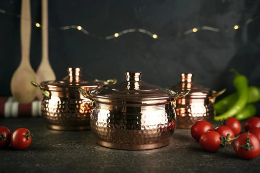 Set of 3 Single-Person Copper Cooking Pots – 850ml Handcrafted Solid Copper Casseroles