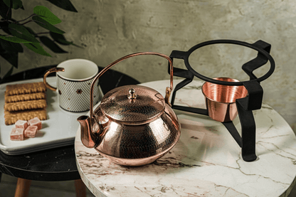 Solid Copper Tea Kettle With Iron Warmer Stand | Handmade Copper Teapot & Housewarming Gift (1.5 Quartz)