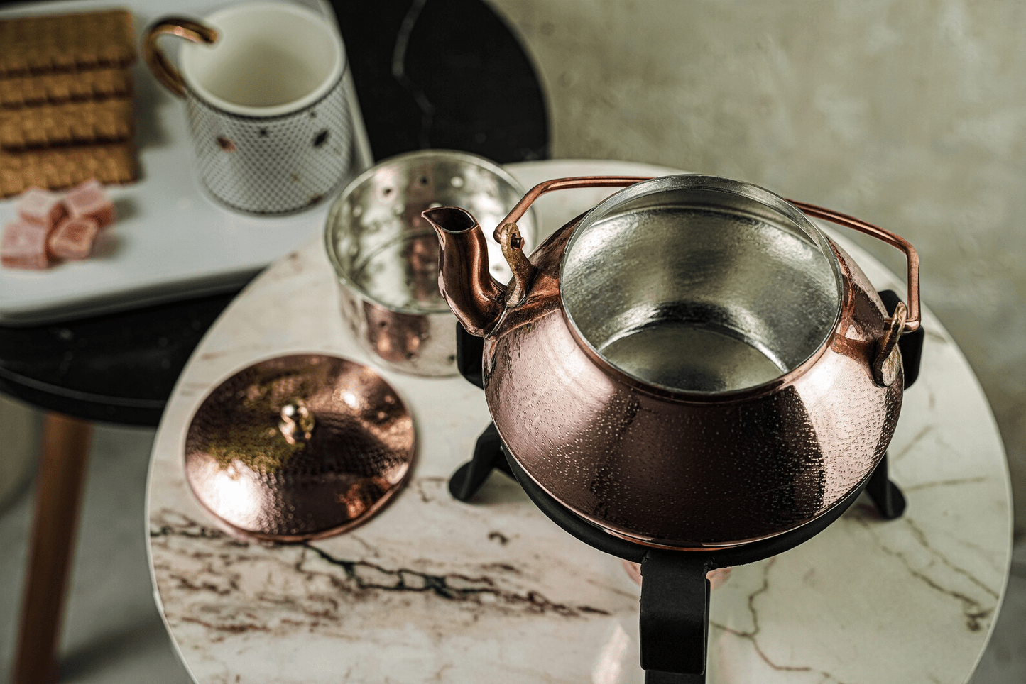Solid Copper Tea Kettle With Iron Warmer Stand | Handmade Copper Teapot & Housewarming Gift (1.5 Quartz)