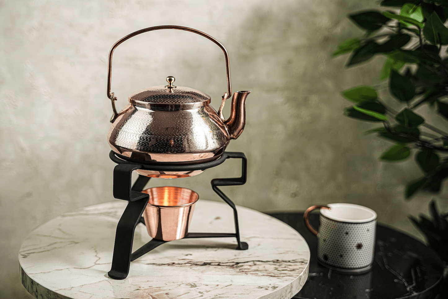 Solid Copper Tea Kettle With Iron Warmer Stand | Handmade Copper Teapot & Housewarming Gift (1.5 Quartz)