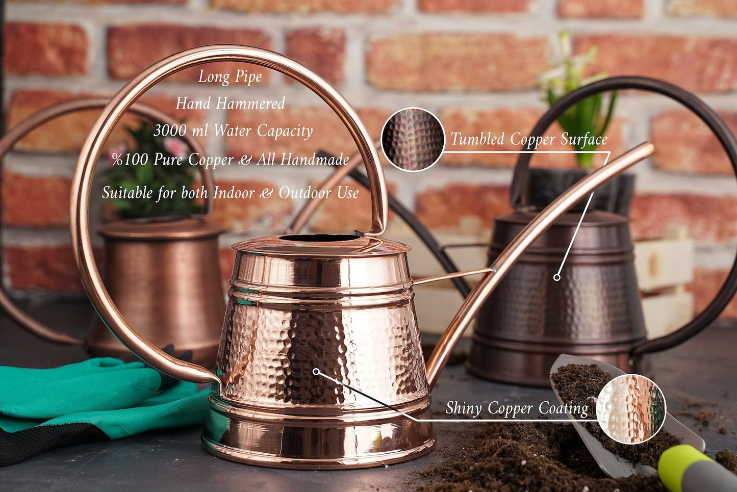 Solid Pure Copper Watering Can for Garden | Handmade Copper Planter Vessel 2000ml | Long Spout Model