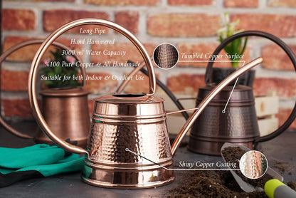 Solid Pure Copper Watering Can for Garden | Handmade Copper Planter Vessel 2000ml | Long Spout Model