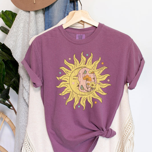 Sun Moon Boho Floral Celestial Comfort Colors Tshirt