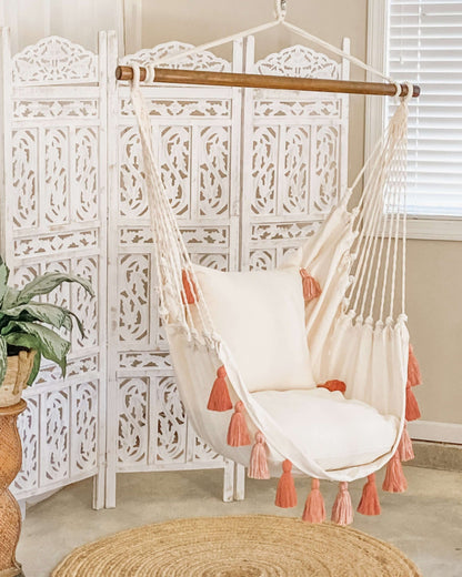 Pink Boho Hanging Hammock Chair Swing with Tassels | LILY