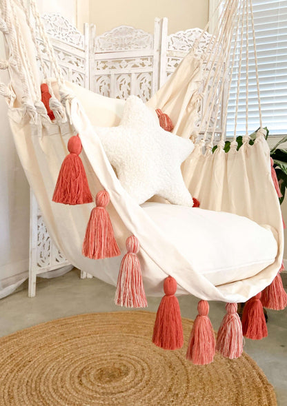 Pink Boho Hanging Hammock Chair Swing with Tassels | LILY