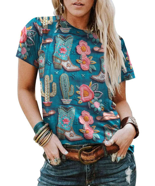 Boho Western Cowgirl Shirts for Women: Vintage Western Rodeo Graphic Tee Cowgirl 3D Digital Printing Short Sleeve Tops Blue
